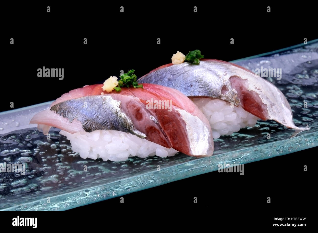 Mackerel sushi fresh Japanese style Aji sushi Stock Photo Alamy
