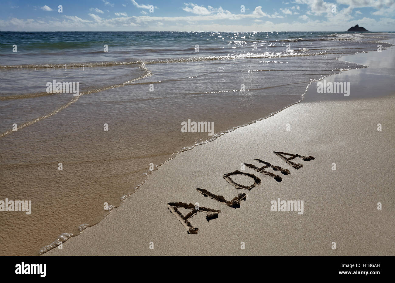Hawaii Beach Aloha in Sand Stock Photo