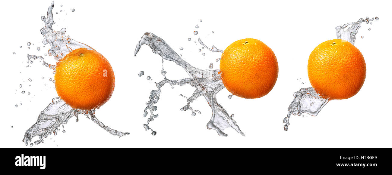 Water splash and fruits isolated on white backgroud. Fresh orange Stock ...