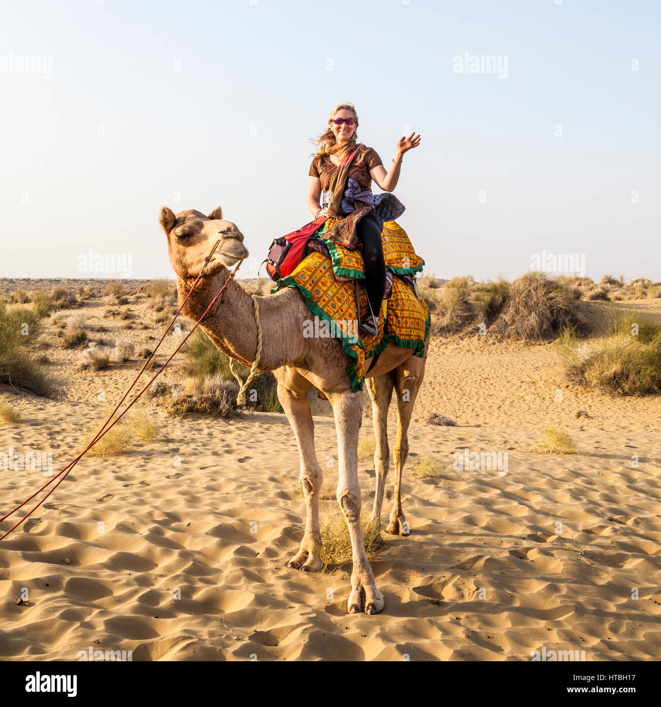 A woman waving and smiling atop a camel she is riding, Thar desert, Rajasthan, India. Stock Photo