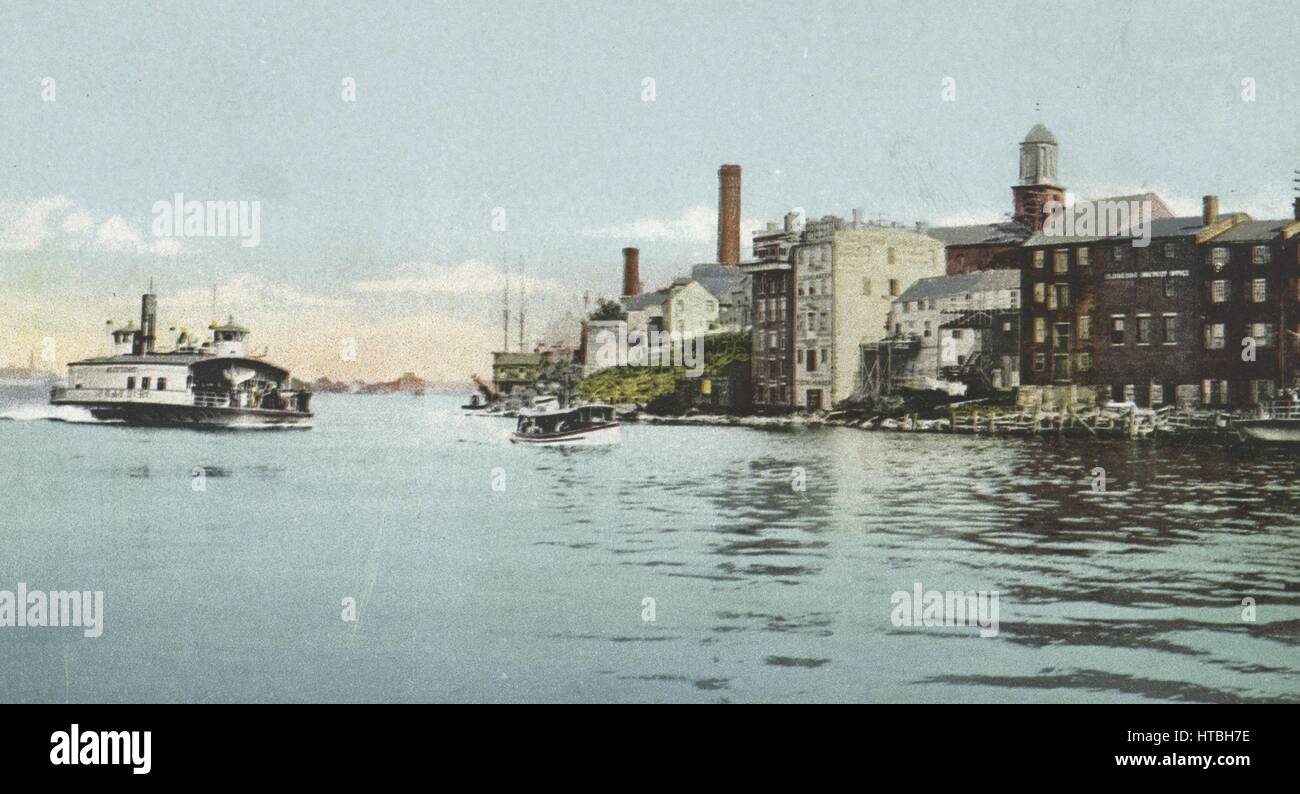 Postcard of boats and buildings at Rivermouth Landing, Portsmouth, New Hampshire, 1904. From the New York Public Library. Stock Photo