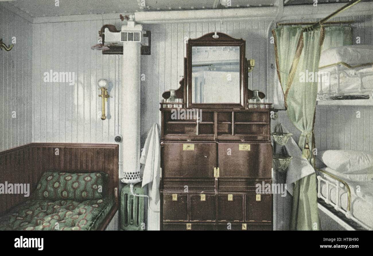 Postcard showing the interior of a state room on the RMS Olympic, 1914