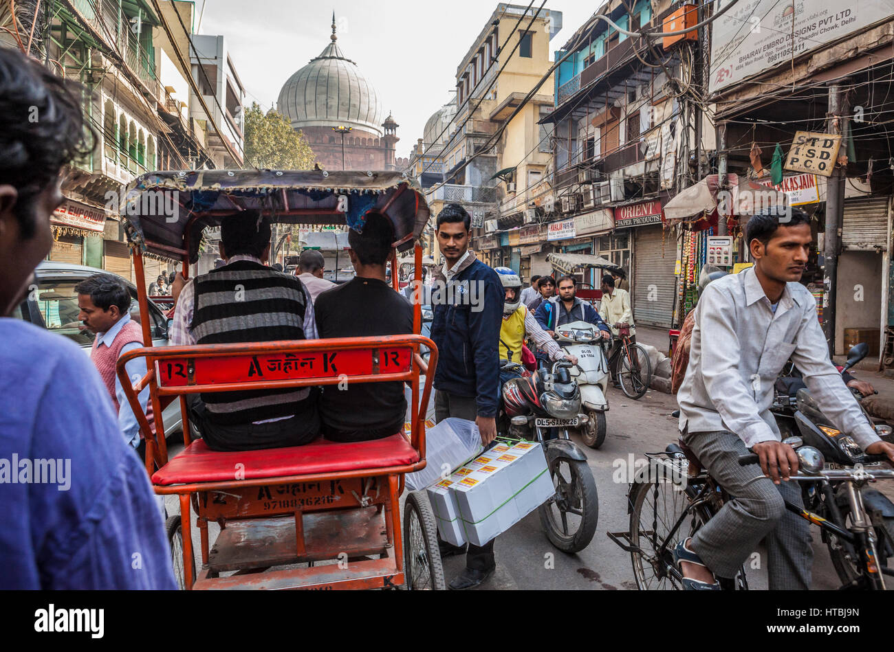 A view down Chawri Bazar Rd in Chandni Chouk, Old Delhi, India. Stock Photo