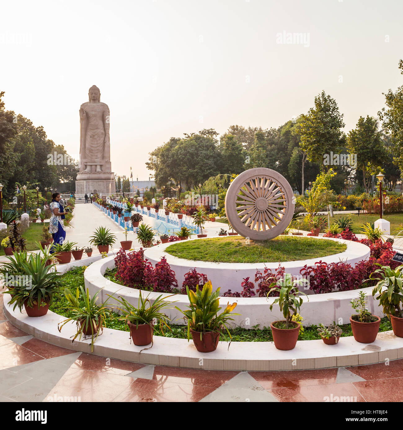 A view of the Ashoka Chakra / dharma wheel, walkway, and gardens