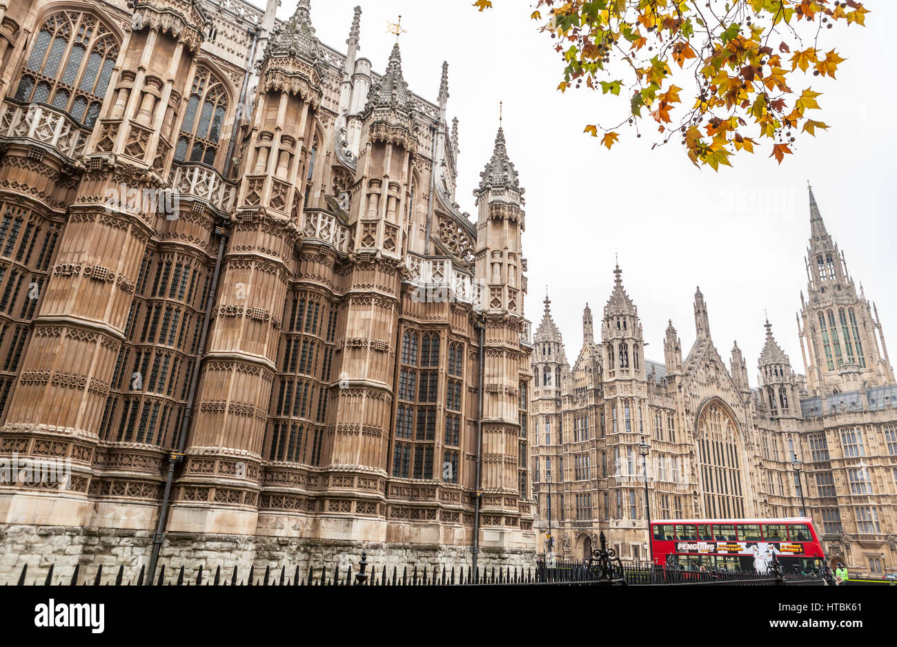 A view of both a portion of Westminster Abbey and Westminster Palace where the House of Lords and House of Commons exist, London, England, United King Stock Photo