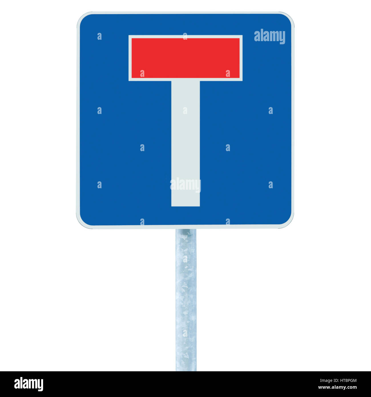 Dead end no through road traffic sign, isolated roadside T signage on pole post signpost signboard, blue, red Stock Photo
