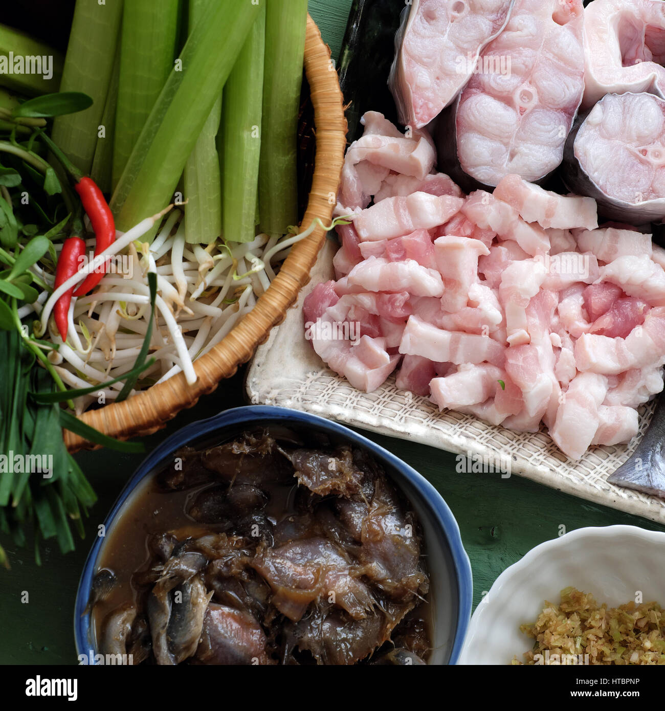 Vietnamese food, mam kho, a featured meal of Mekong Delta, Vietnam. Raw material to cook are