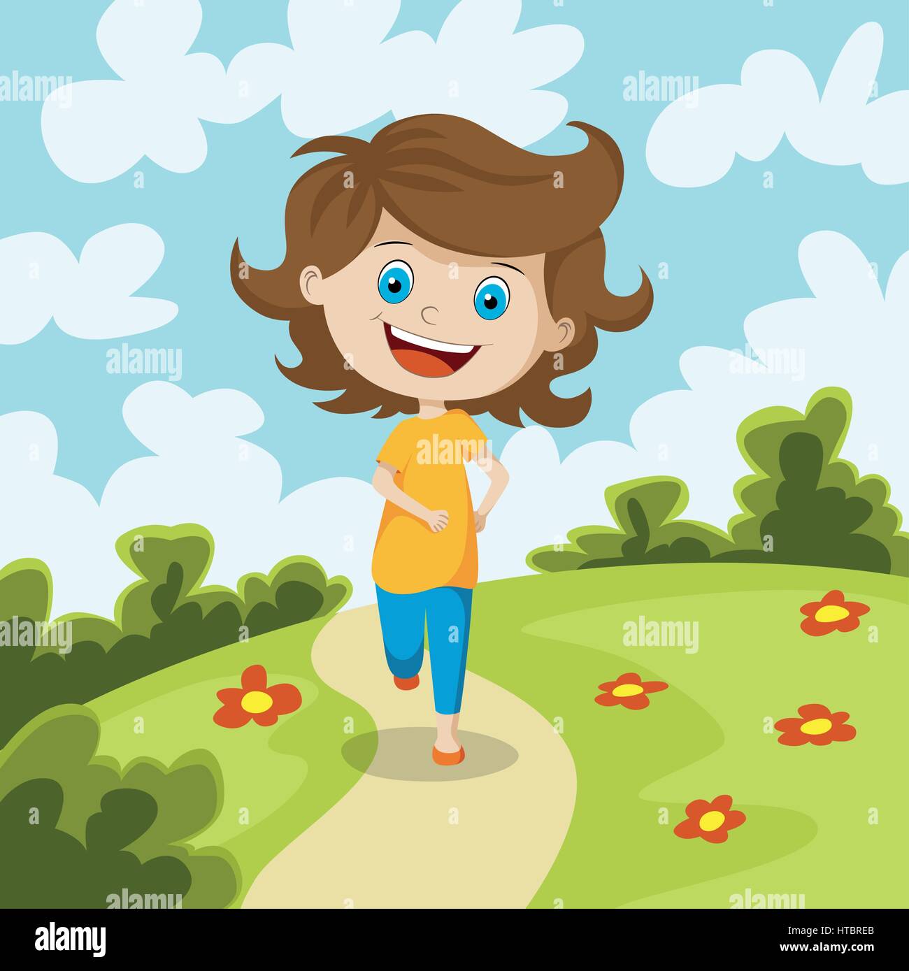 Child running through a meadow Stock Vector