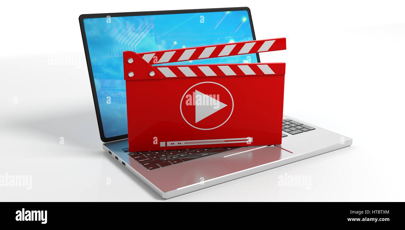 Media clapper on a laptop on white background. 3d illustration Stock ...