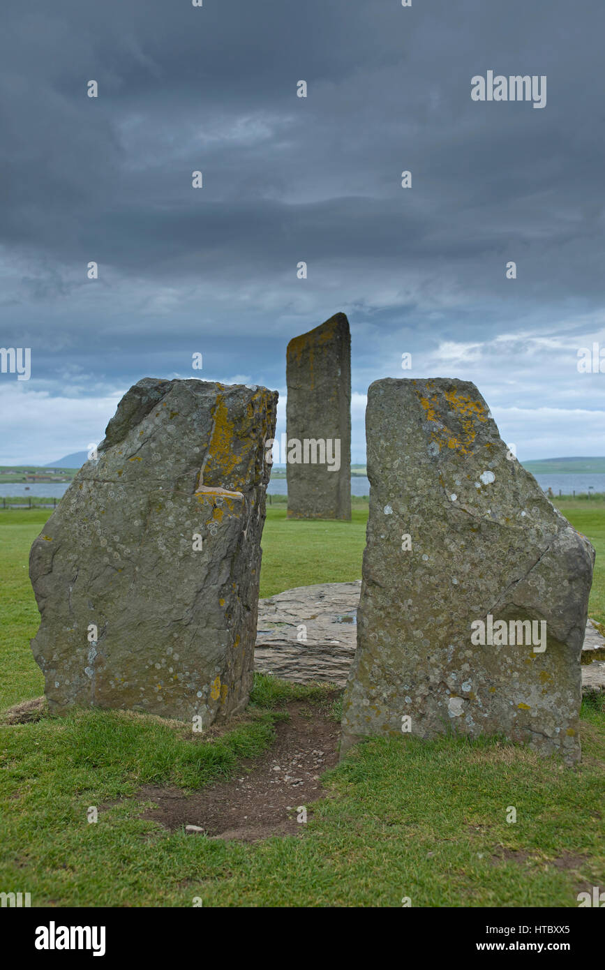 Standinging stones at Stenness on the Orkney Isles main Island. Stock Photo