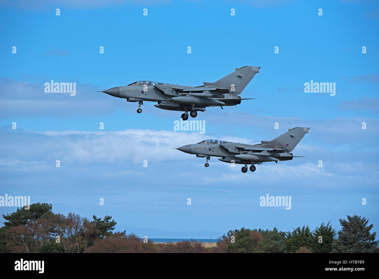 A pair of RAF GR4 Tornados returning to their home base at RAF Lossiemouth in Morayshire, North East Scotland. Stock Photo