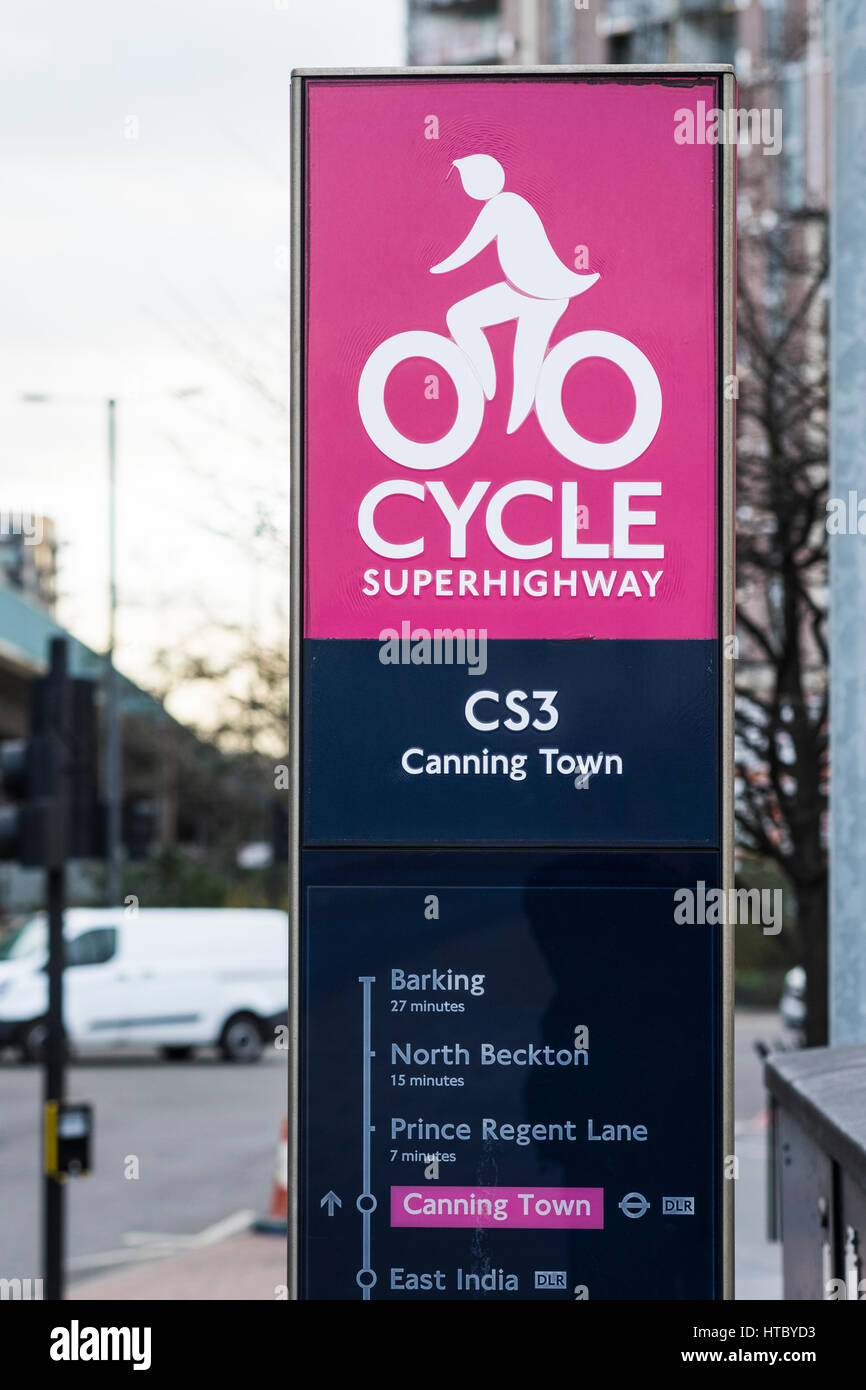 Cycle Superhighway sign, Canning Town, London, England, U.K. Stock Photo