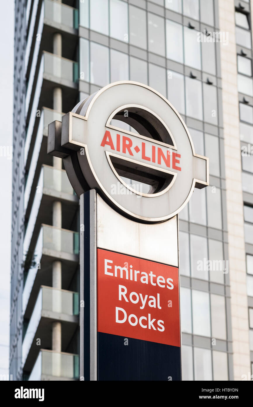 Emirates Air Line sign, Royal Docks, London, England, U.K. Stock Photo