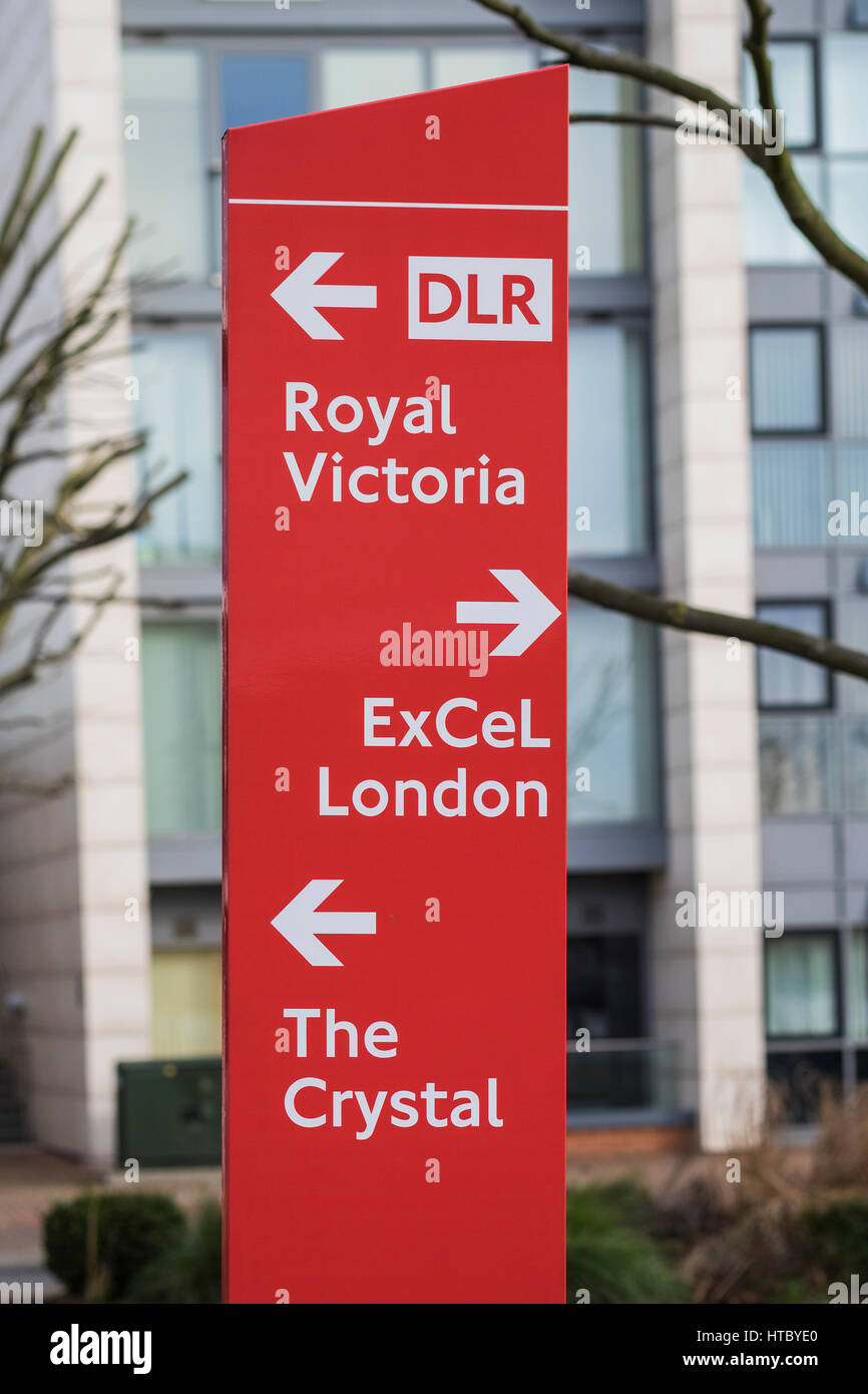 Direction signpost on Royal Victoria Dock, London, England, U.K. Stock Photo