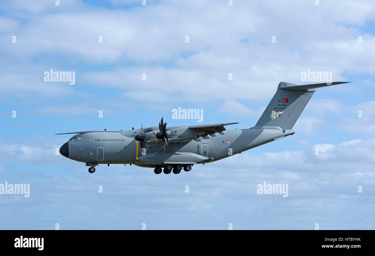 Turkish air Force Atlas A400M military troop carrier on a joint exercise in UK coming in to land at RAF Lossiemouth in Morayshire, Scotland. Stock Photo