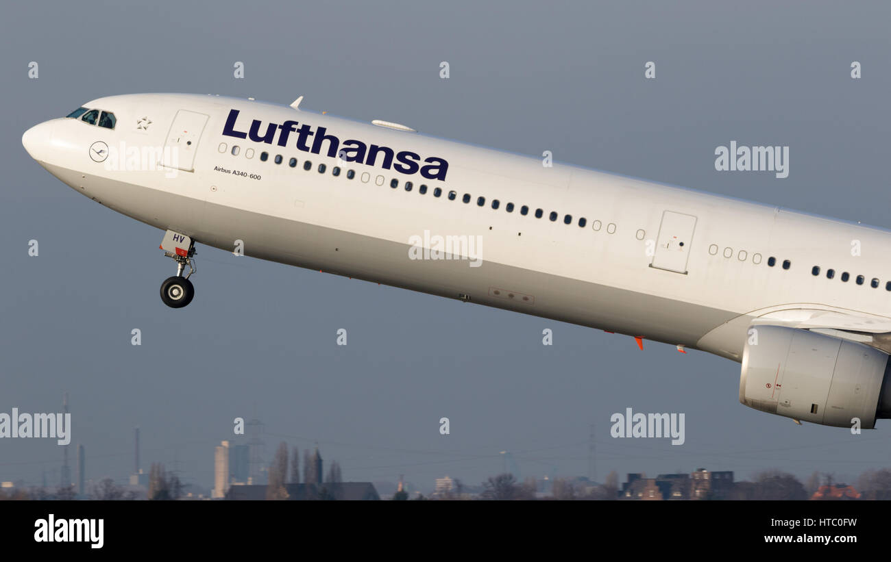 DUSSELDORF, GERMANY - DEC 16, 2016: Lufthansa Airbus A324 aircraft departing from Dusseldorf airport. Stock Photo