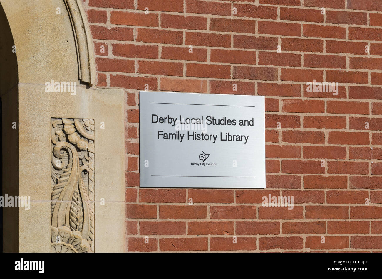 Sign at entrance to Derby Local Studies and Family History Library in Riverside Chambers, Derby Stock Photo