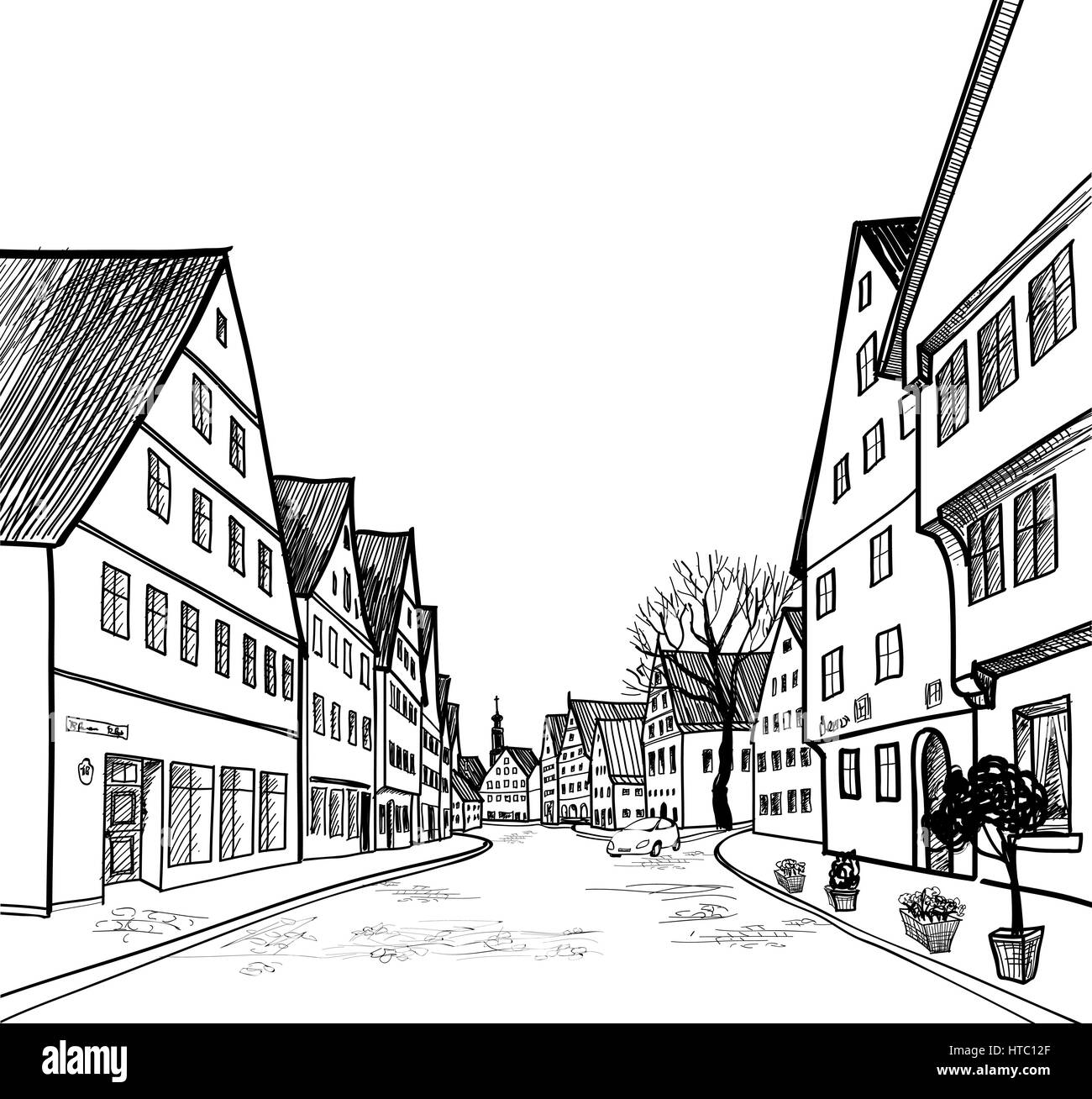Street View In Old City Cityscape Houses Buildings And Tree On Alleyway Medieval European Landscape Stock Vector Image Art Alamy