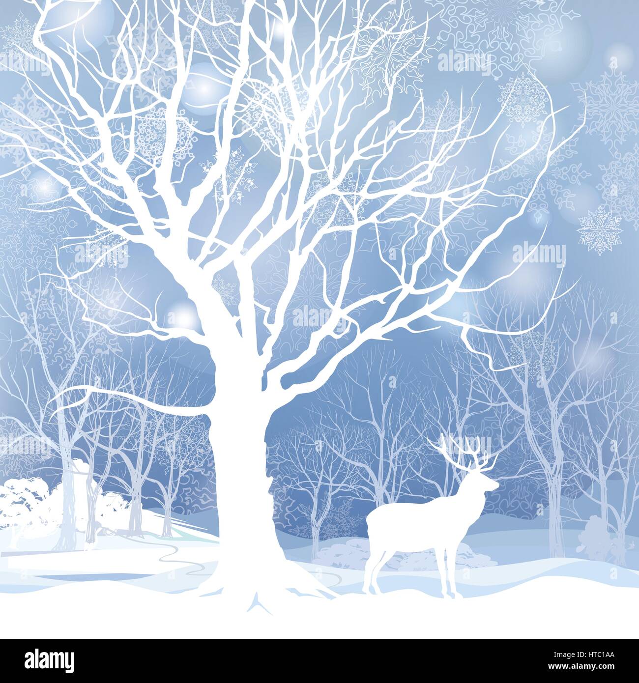 Snow winter landscape with two deers. Abstract vector illustration of ...