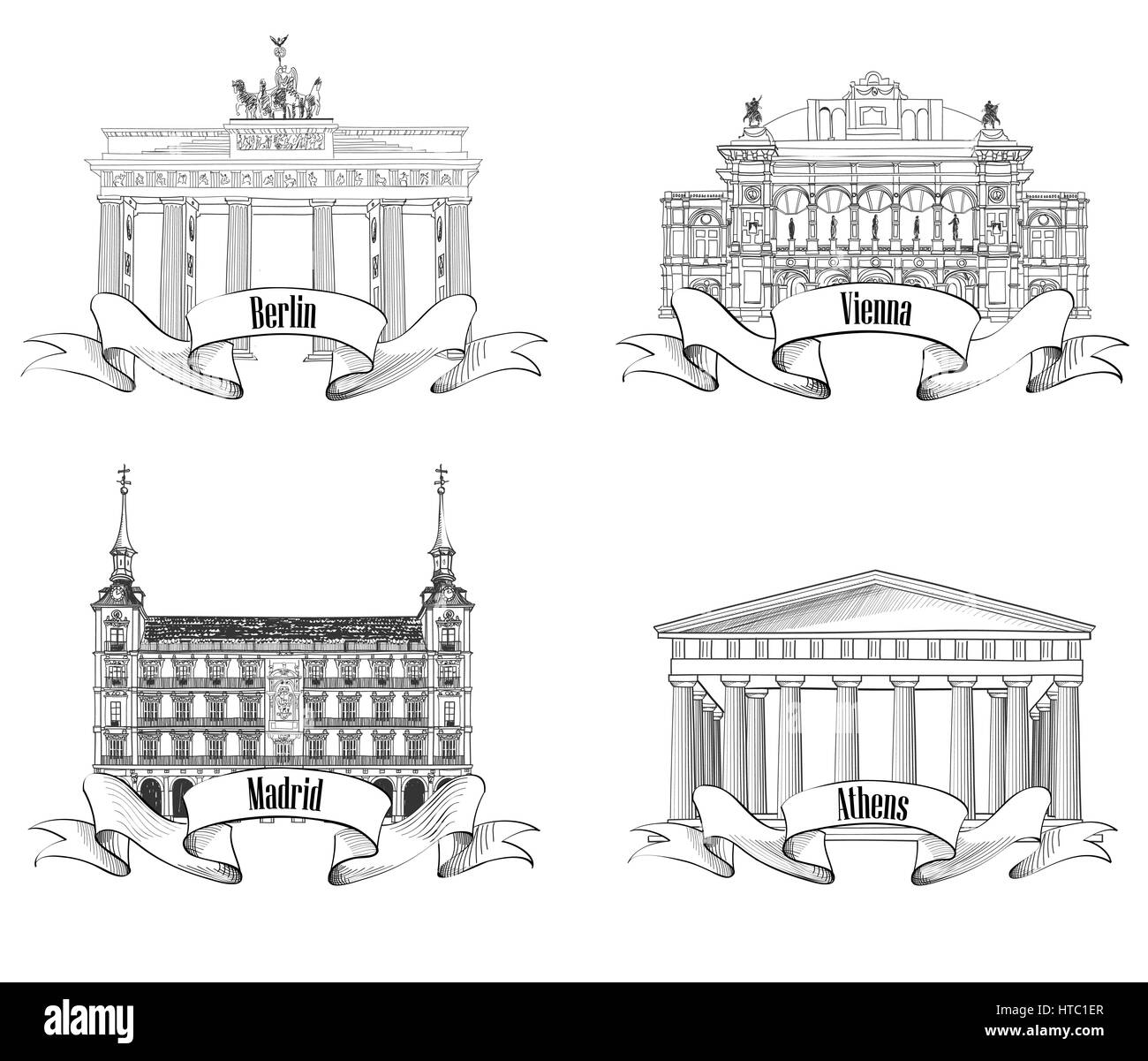 European city: Athens, Berlin, Madrid, Vienna. Landmarks Label Set. Travel Europe Symbol Collection: Germany, Spain, Austria, Greece. Stock Vector