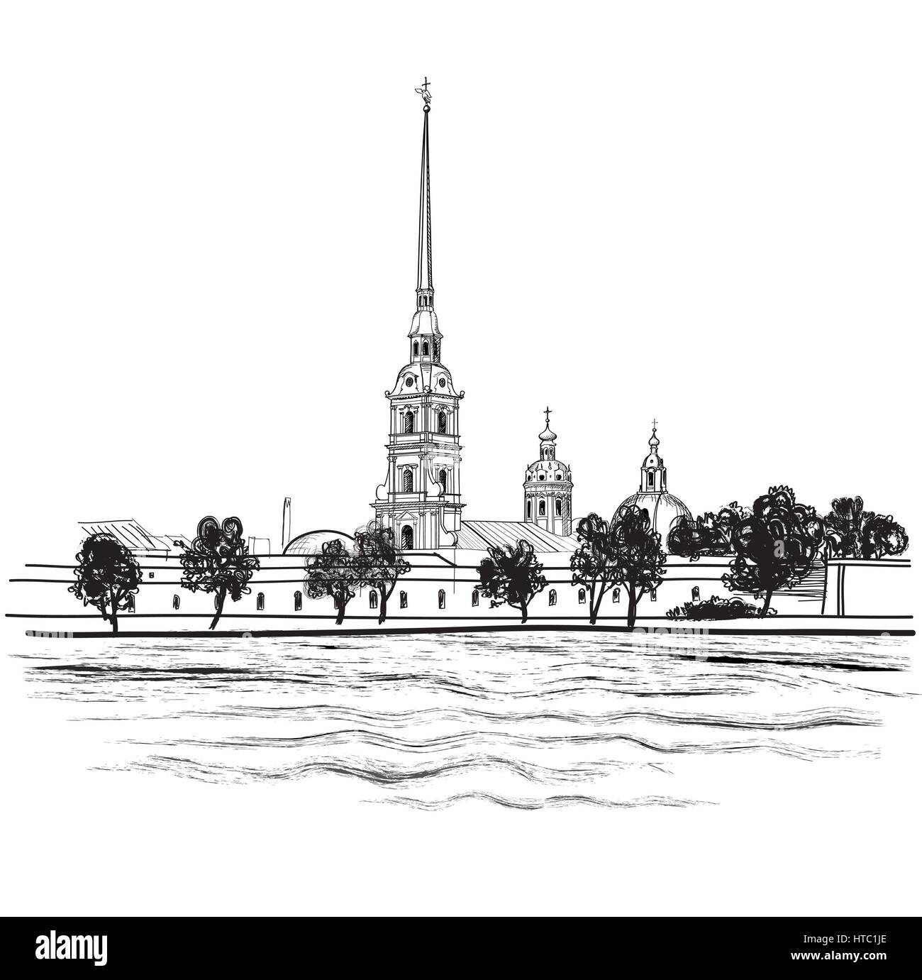 St.-Petersburg landmark Peter and Paul Cathedral. Russian cityscape vector background. Landscape: View from Neva river on Peter and Paul Fortress in S Stock Vector