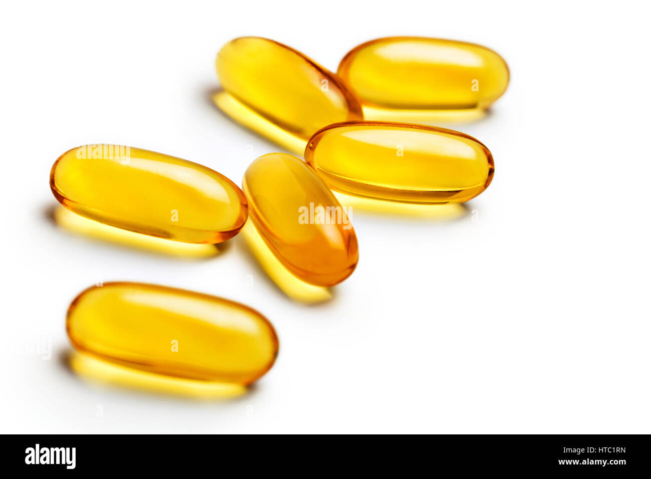 Capsules Omega 3 isolated on white background. Close up, top view, high resolution product. Health care concept. Stock Photo