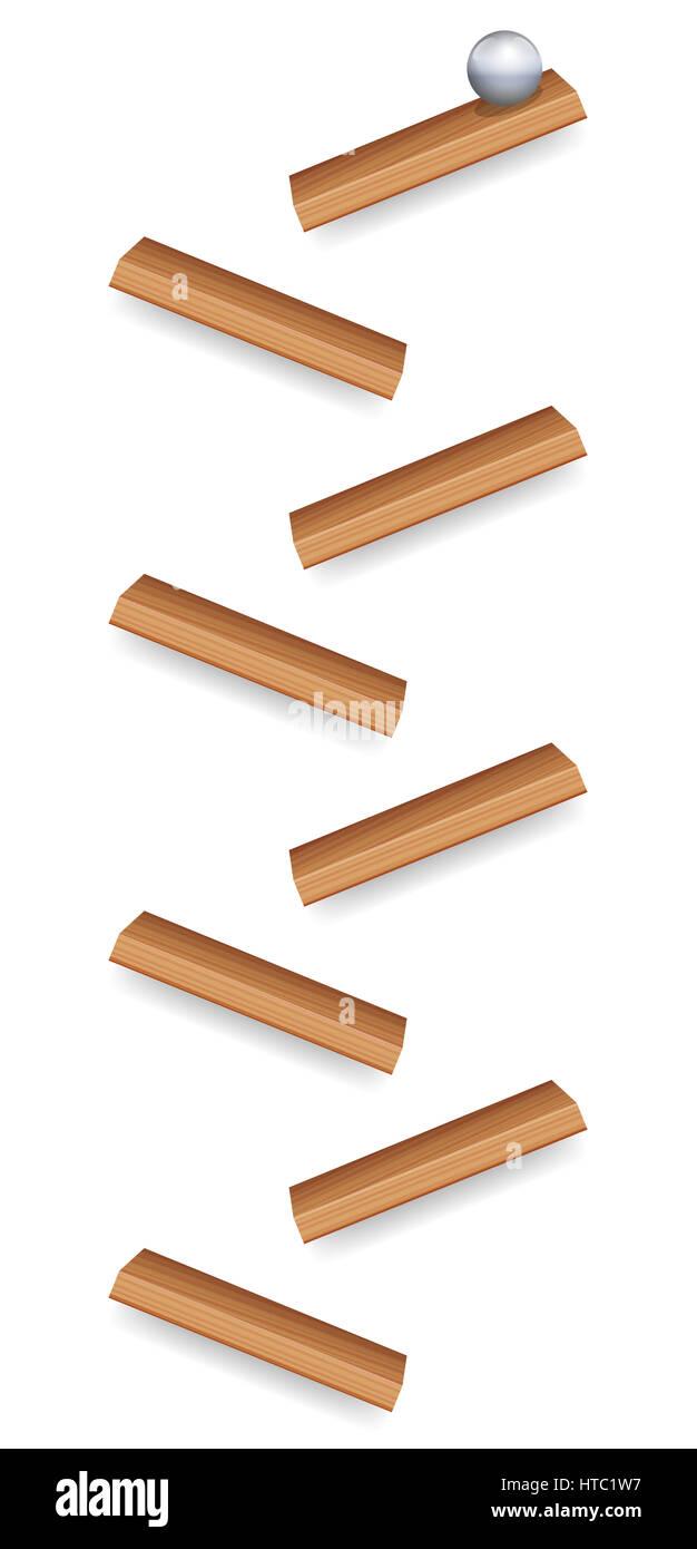 Simple marble run with iron ball and wooden pieces - childrens toy to realize earths gravity or just for fun. Isolated illustration. Stock Photo