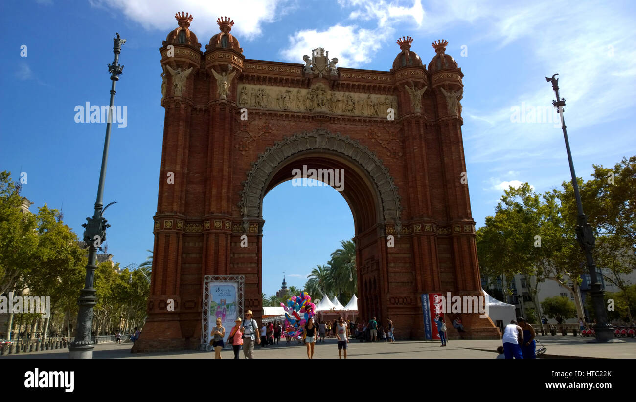 People at Arc de Triomf monument in Barcelona, Spain Stock Photo