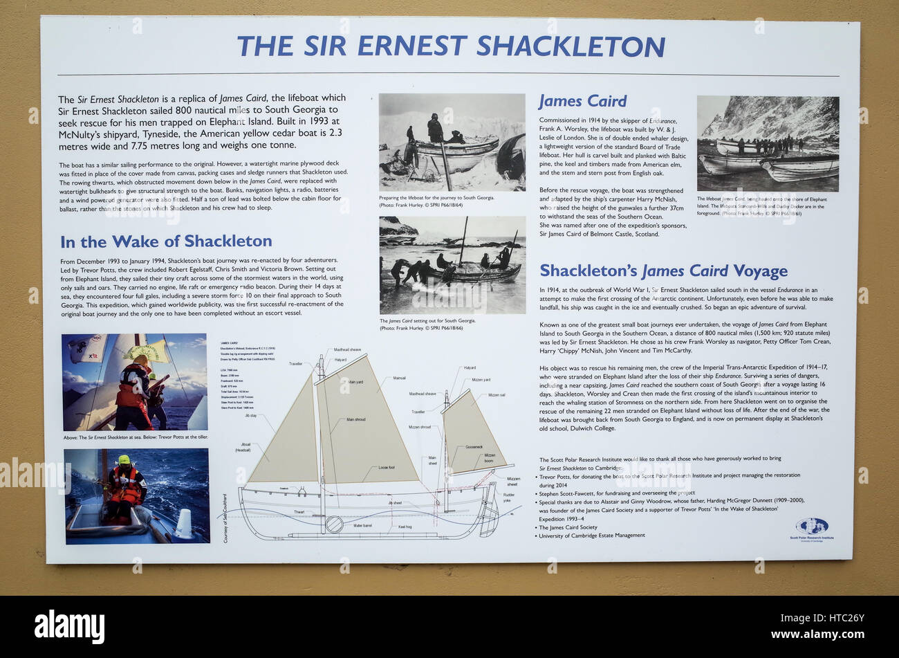 Information on the 'Sir Ernest Shackleton', a replica of the 'James Caird' used by Shackleton to get help for his stranded crew in 1916 Stock Photo