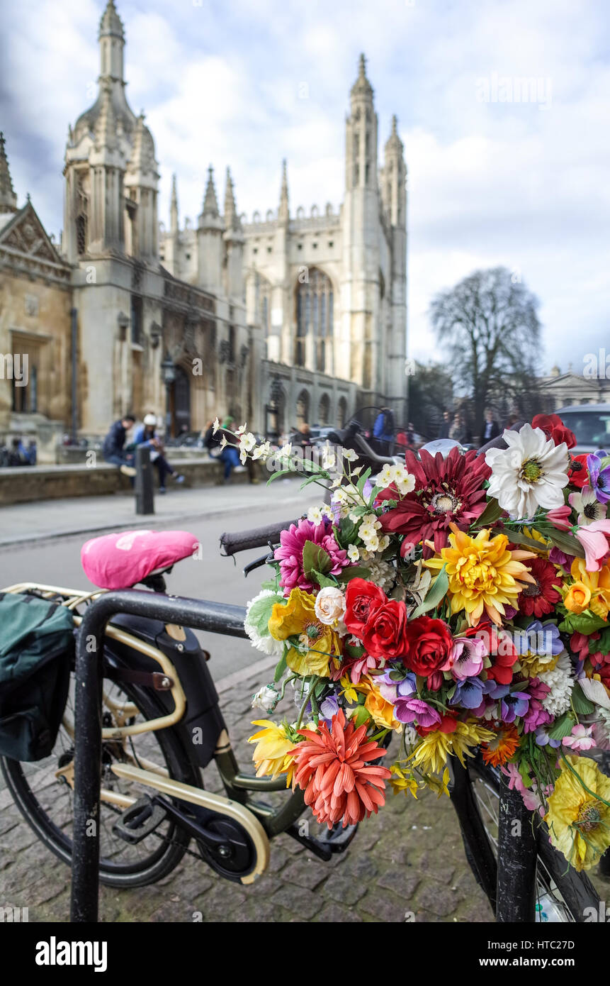 Floral Bike in Cambridge on Kings Parade near Kings College Stock Photo