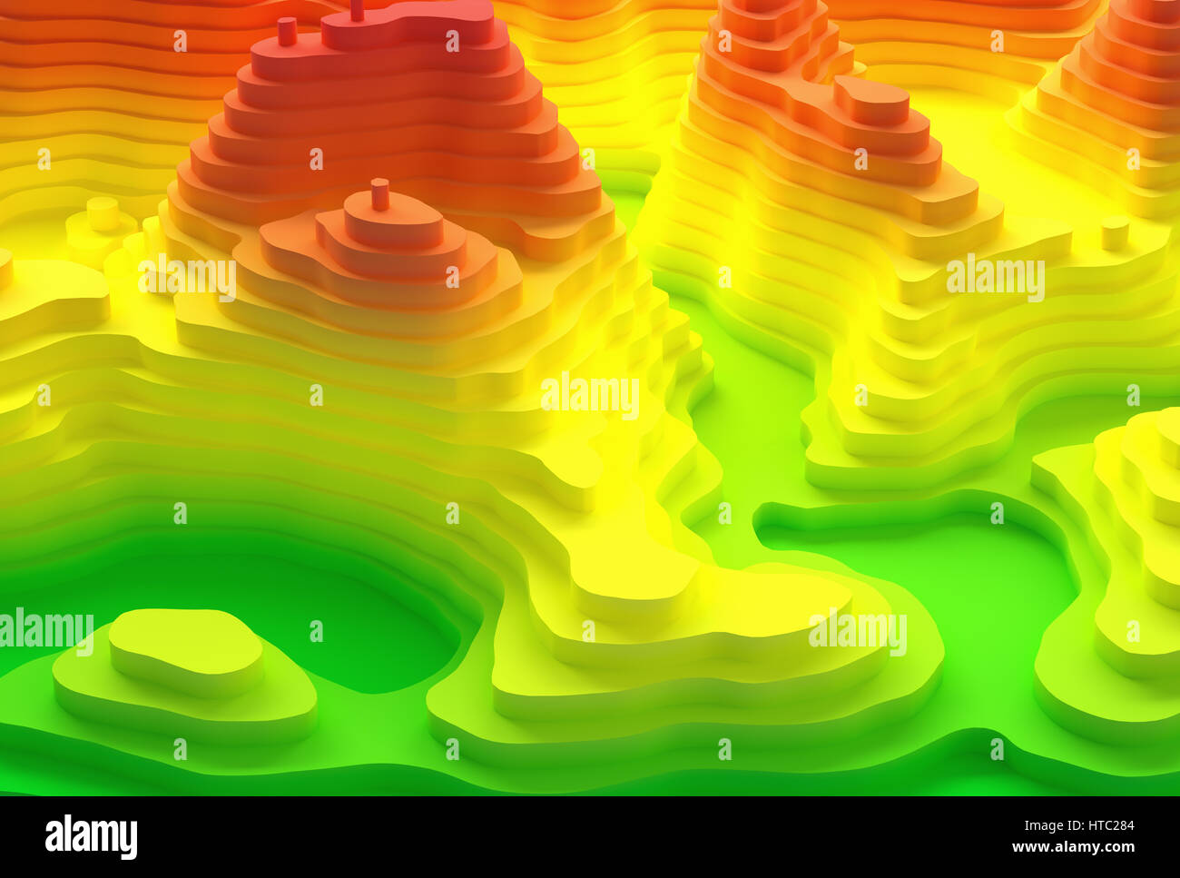 3D illustration. Topographical map of an island. Elevation in colors from blue to red Stock