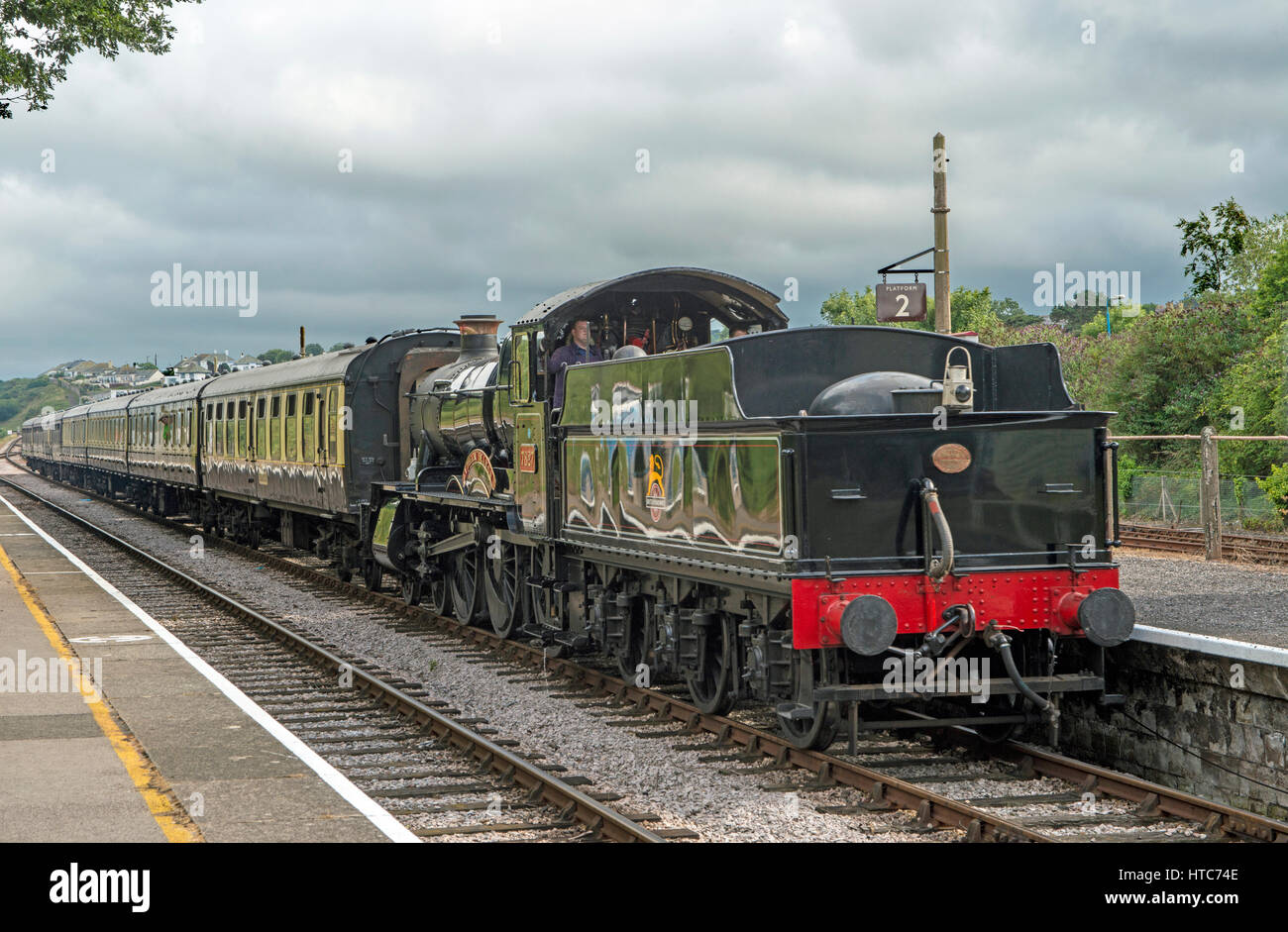 Paignton Dartmouth Railway. Lydham Manor, a steam engine, waiting at Goodrington Station Stock Photo