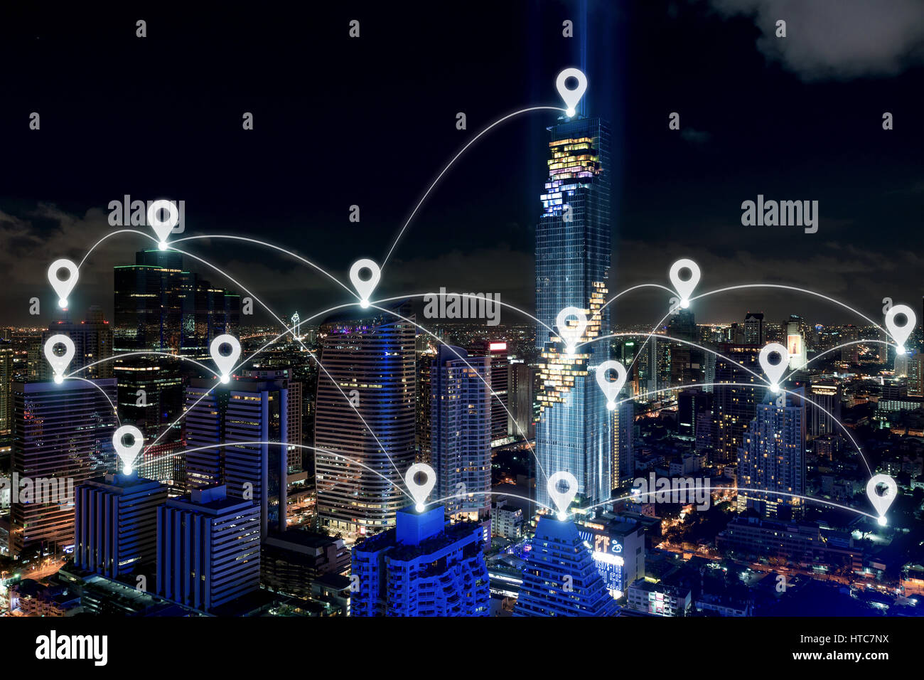Map pin at smart city and wireless communication network, business ...