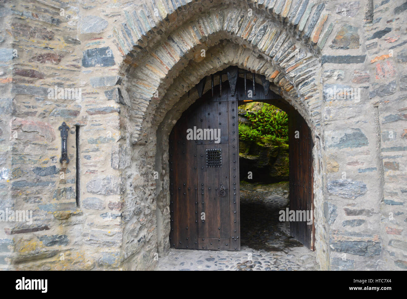 The Portcullis & Doorway at the Entrance to Eilean Donan Castle on the Road to the Isles in the Scottish Highlands. Stock Photo