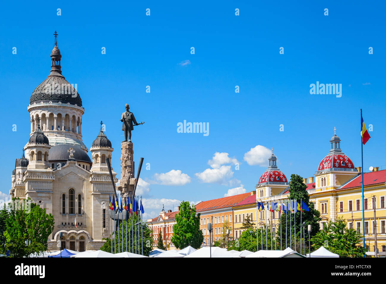 The Orthodox Cathedral and colorful buildings in downtown Cluj Napoca ...