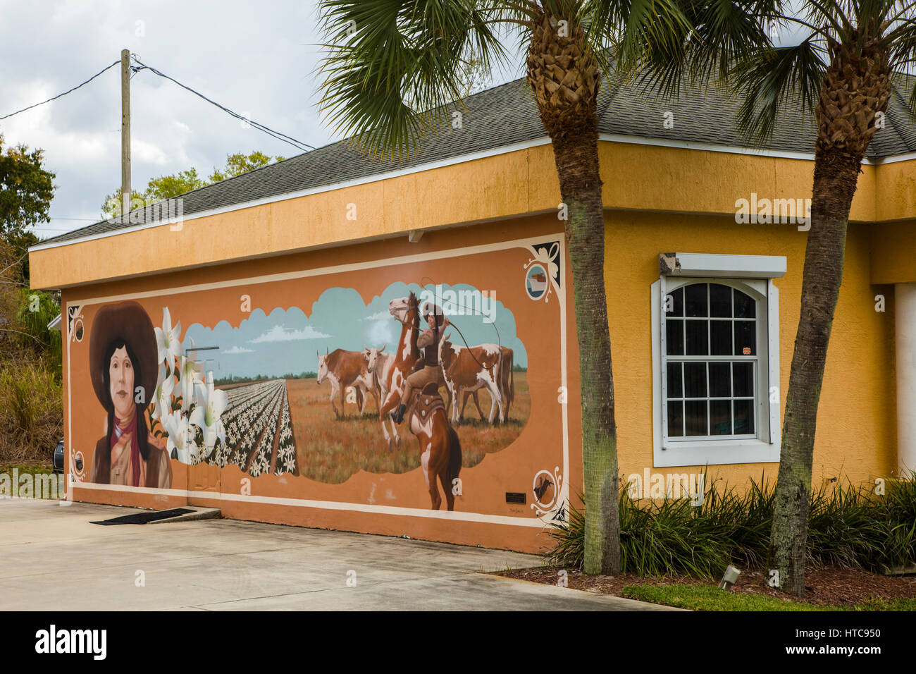 Art murals painted on outdoor building walls in Lake Placid Florida