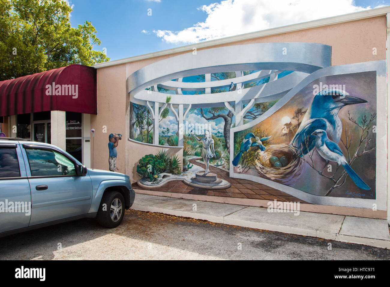 Art murals painted on outdoor building walls in Lake Placid Florida