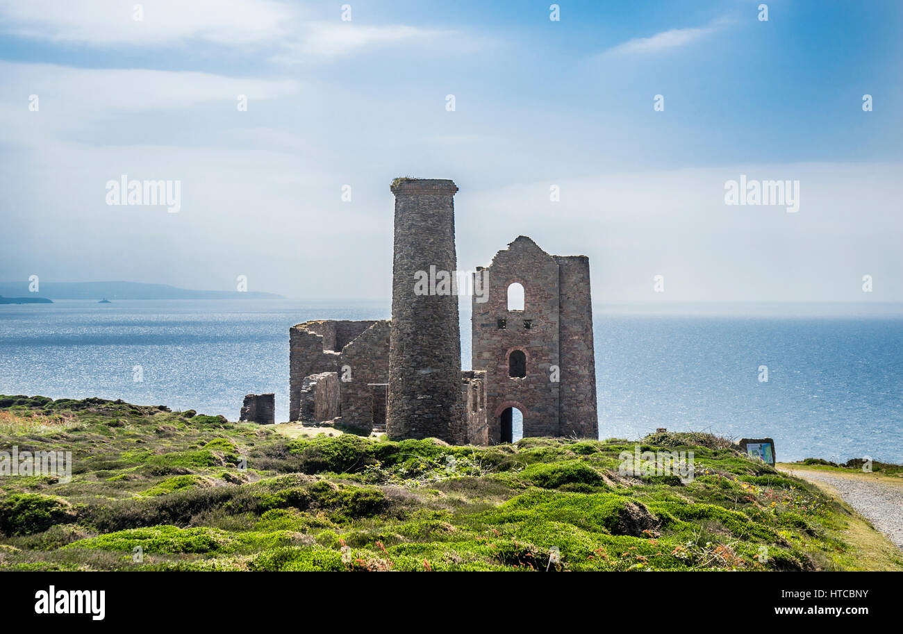 United Kingdom, South West England, Cornwall, St. Agnes Heritage Coast, the historic Cornish mining site of Wheal Coates, ruins of Stamps and Whim Eng Stock Photo