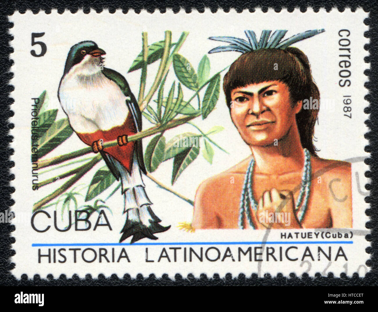A postage stamp printed in Cuba shows image of a   hatuey (Cuba) and priotelus temnurus, from series Historia Latinoavericana, circa 1987 Stock Photo