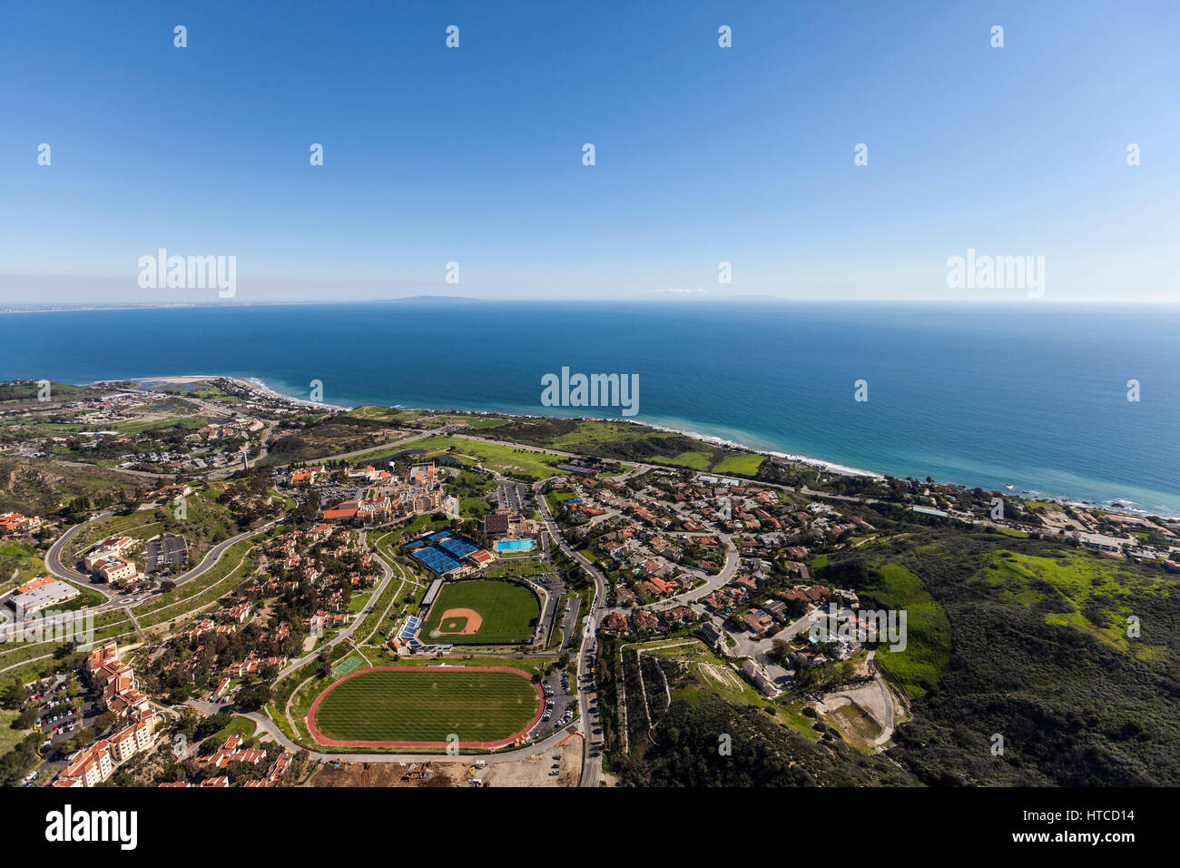 Aerial of the pacific ocean and Malibu on the southern California coast. Stock Photo
