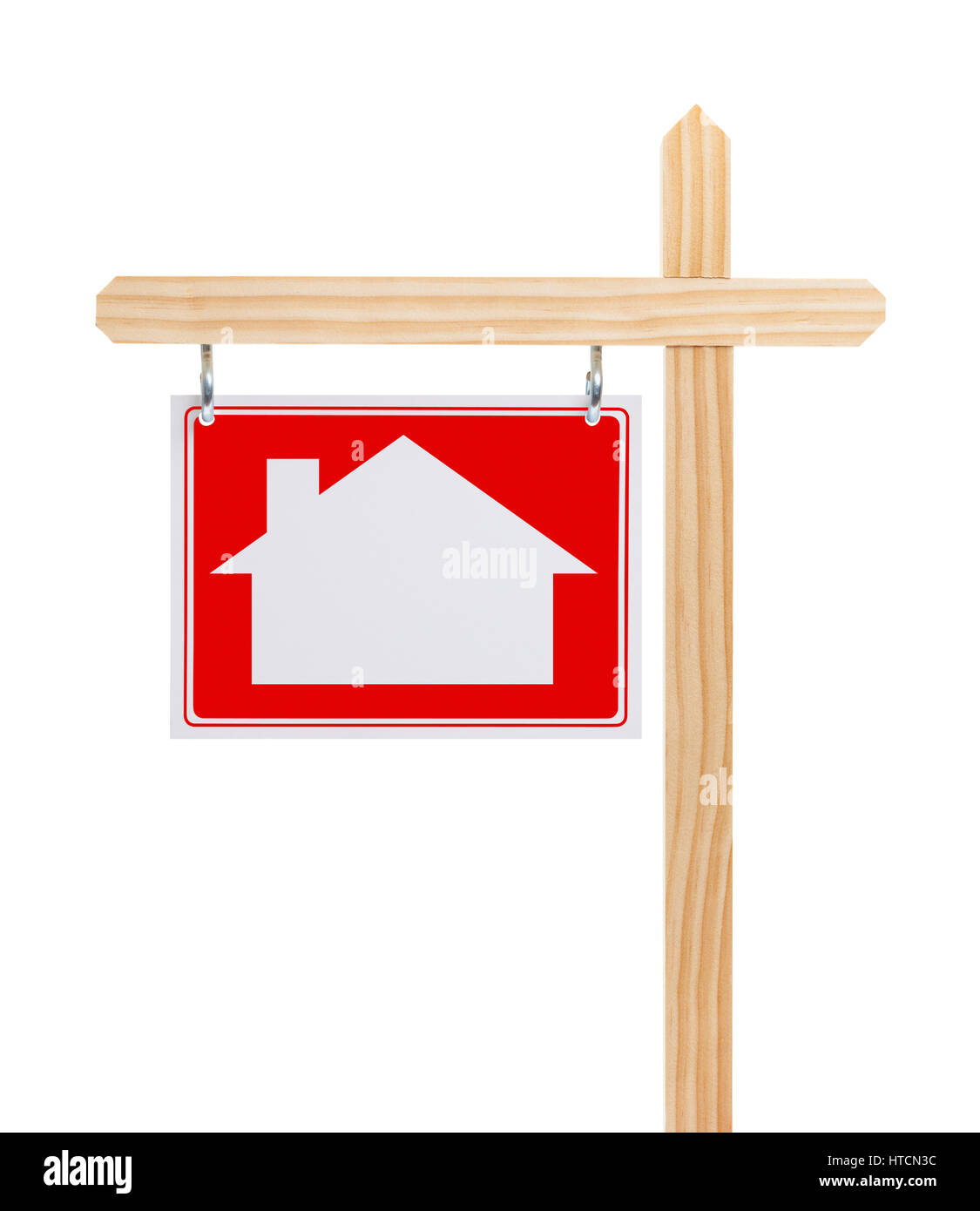 Red Real Estate Sign with House and Copy Space Isolated on White. Stock Photo
