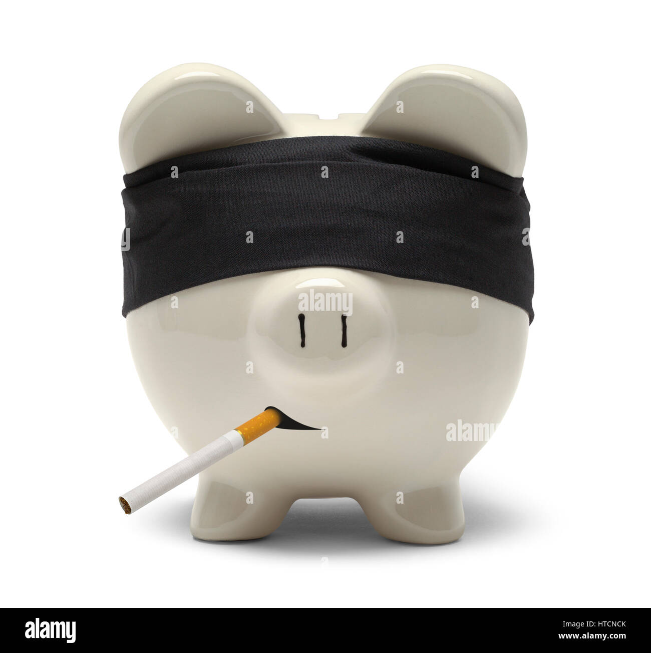 Piggy Bank With Blind Fold at Firing Squad with Cigarette Isolated on White. Stock Photo