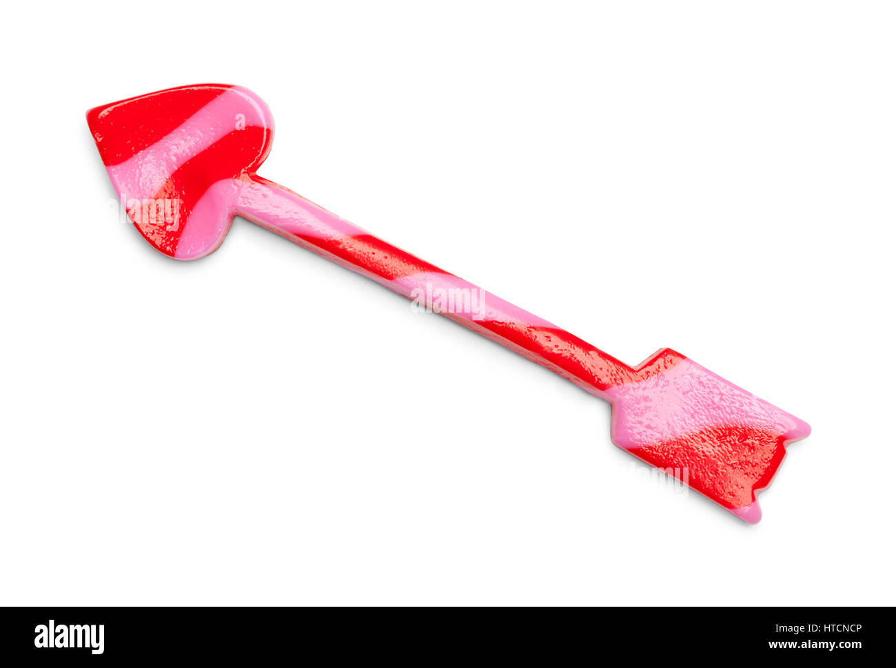 Red and Pink Stripe Candy Heart Arrow Isolated on White. Stock Photo