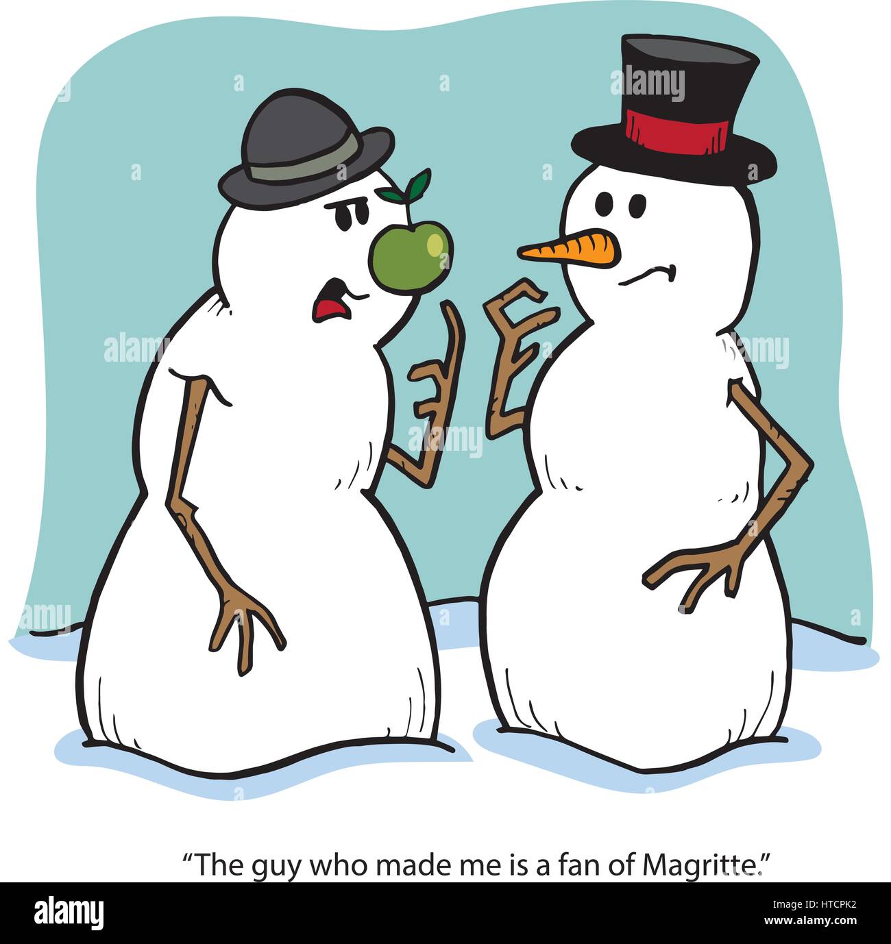 Cartoon showing two snow men. One of them has a green apple as the nose and says to the other: The guy who made me is a fan of Magritte. Stock Vector