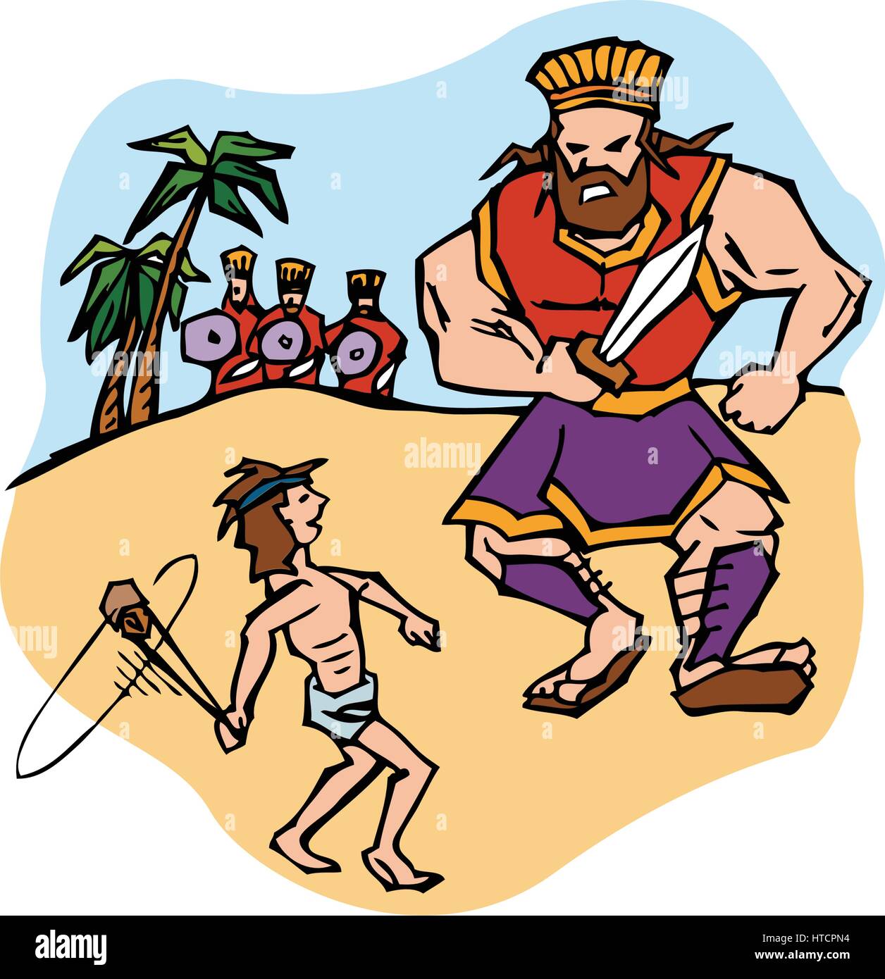 David defeats the giant Goliath with a slingshot, as described in the Old Testament, in the Bible Stock Vector
