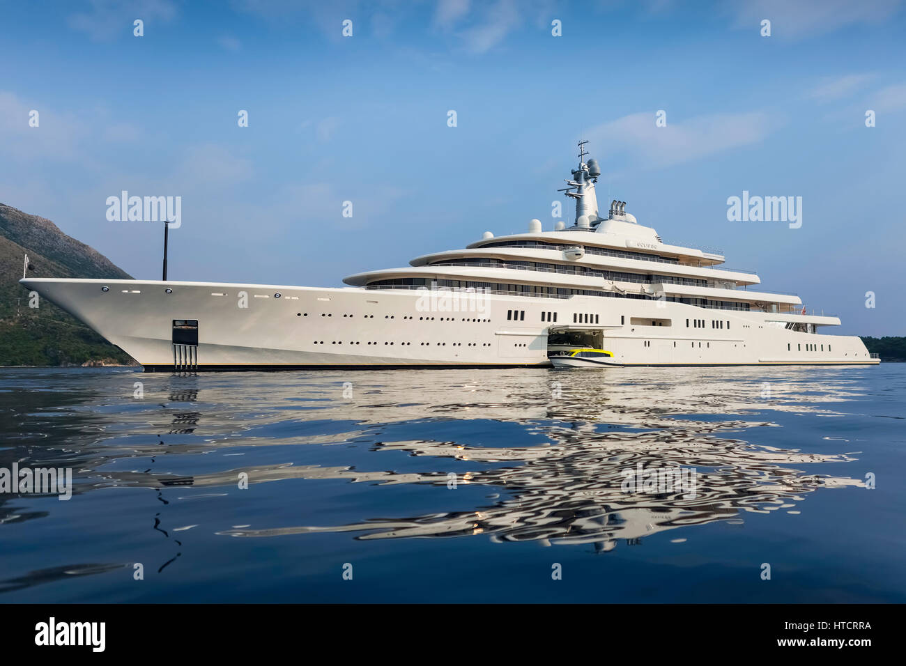 Eclipse yacht, the world's second largest, belonging to Roman Abramovich, moored near Cavtat; Croatia Stock Photo