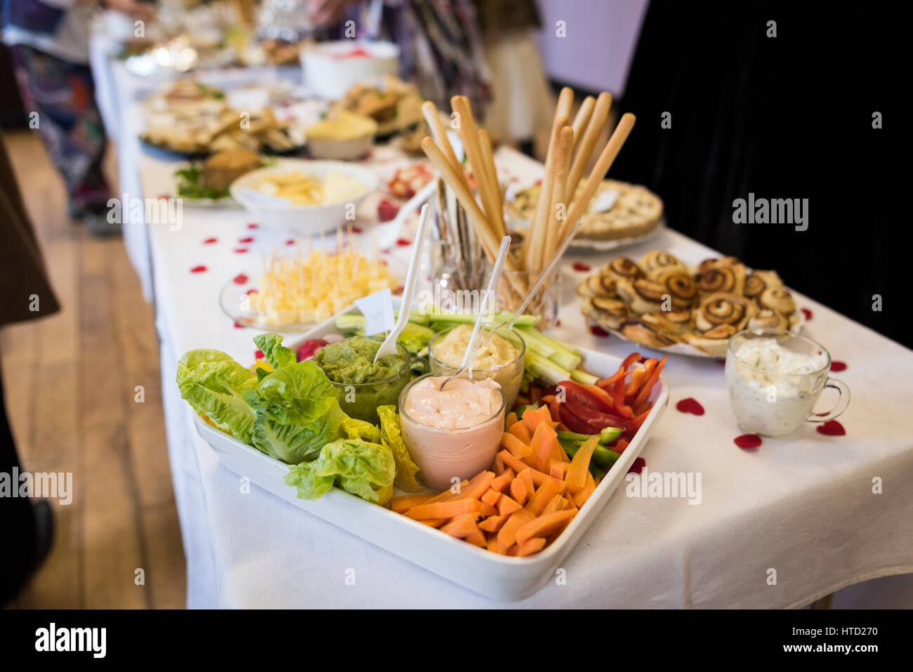 Buffet food at a wedding reception at West Malvern village hall Stock