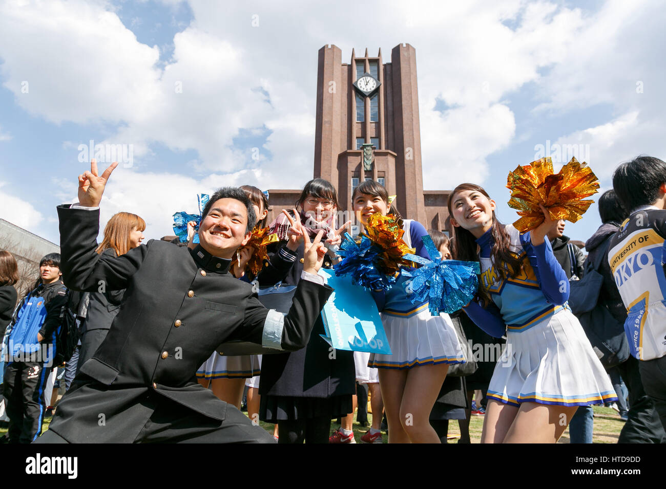 University of Tokyo cheerleaders congratulate successful students whom  passed the admission tests on March 10, 2017, Tokyo, Japan. After taking  the standardized national test for public universities in January 258,922  students then