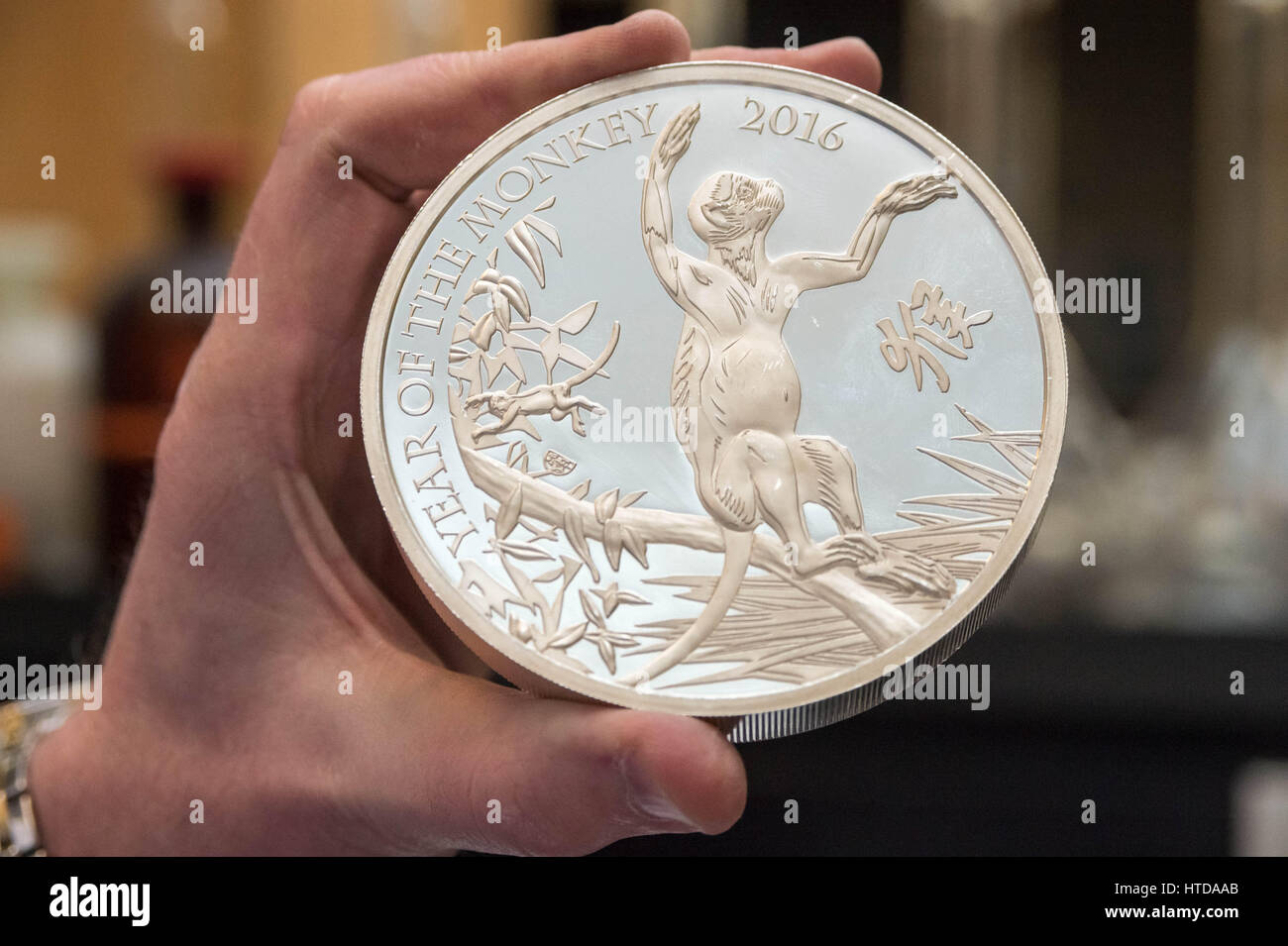 London, UK. 9th Mar, 2017. As well as standard 20p, 50p, £1, and £2 coins, the London Assay office also tests commemorative coins. Pictured here a Silver Proof Kilo Coin with a retail value over £2,000 Credit: Guy Corbishley/Alamy Live News Stock Photo