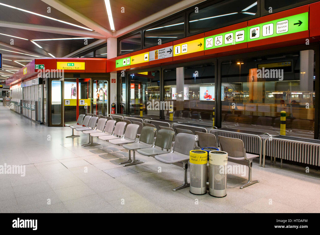 A deserted waiting area seen in the terminal building at Tegel Airport in Berlin, Germany, 10 March 2017. German trade union Verdi had called on some 2,000 ground staff to join the strike. The strike began on 10 March 2017 at 03:00 GMT and is to end on 11 March 2017 at 04:00 GMT. The main reason for the strike is the ongoing labour dispute between Verdi and the Forum of Ground Transport Service Providers in which the companies operating at the airports are organized. The trade union is demanding a pay rise for ground staff. Photo: Gregor Fischer/dpa Stock Photo